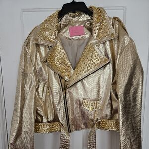 AZALEA WANG Spike Metallic Belted Faux Leather Moto Jacket In Silver